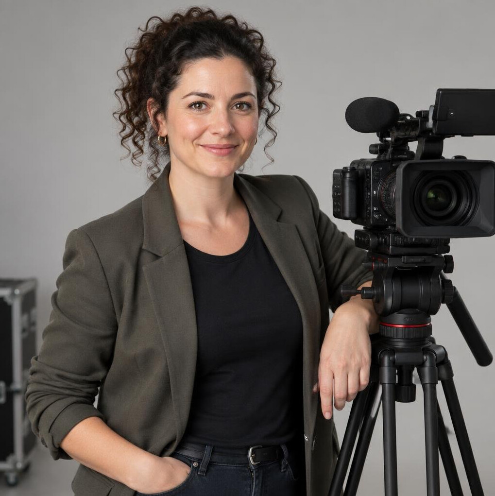 British woman camera operator portrait in studio