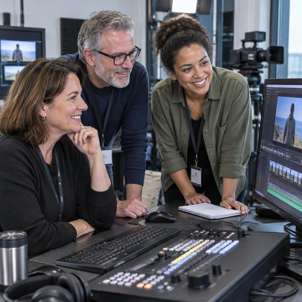 Media production trainers collaborating around a studio desk