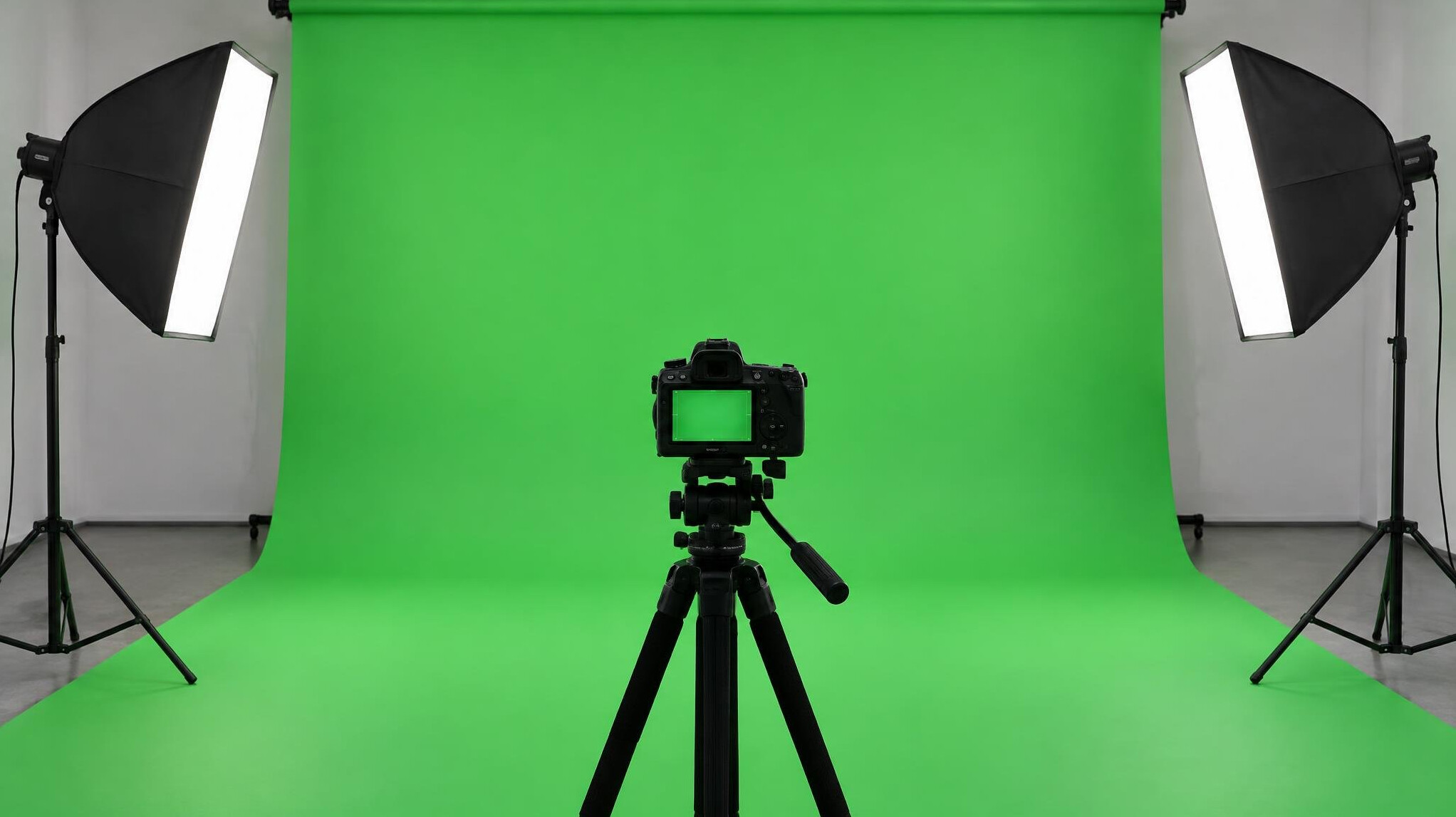 Green screen studio with lighting equipment