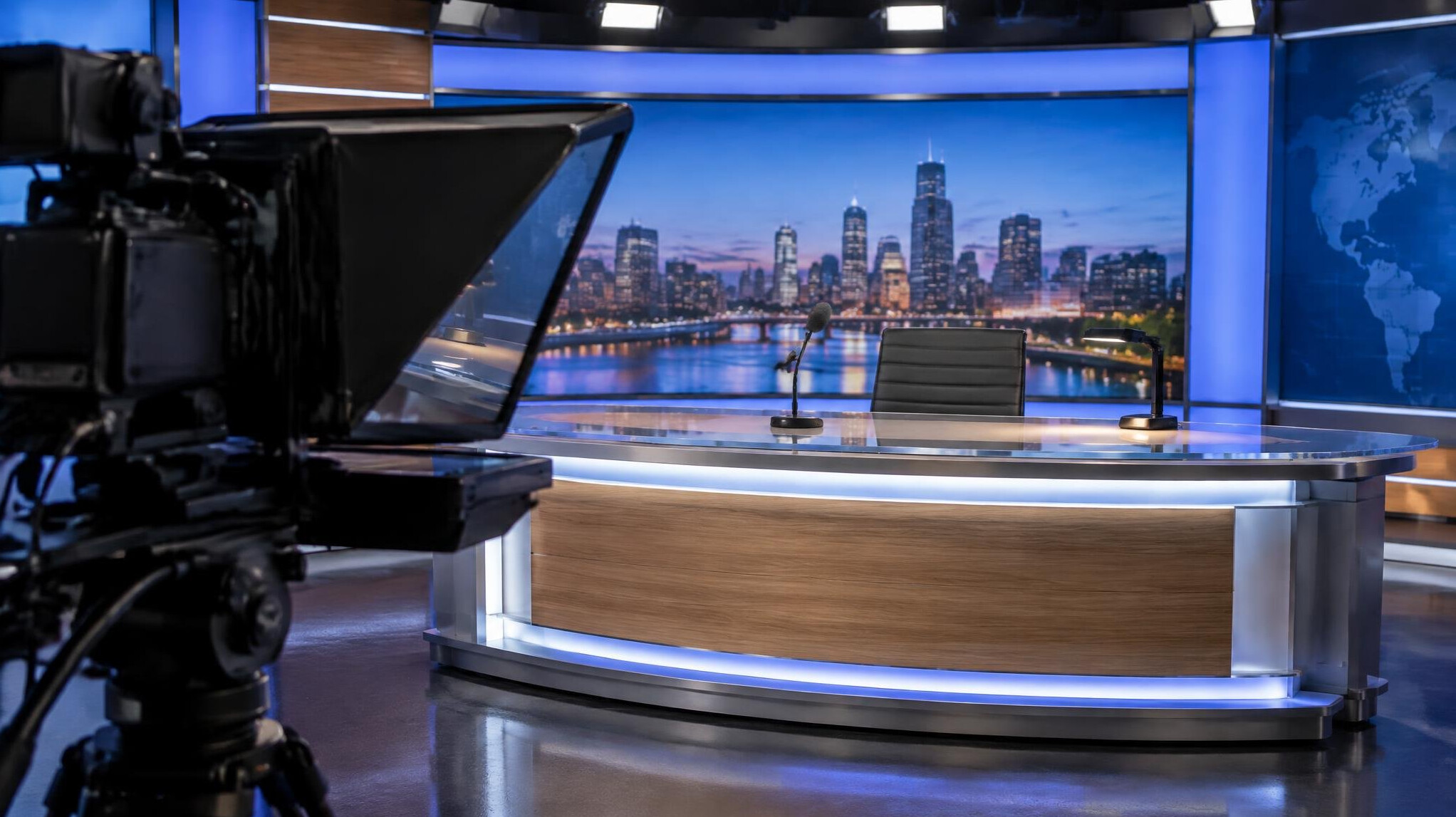 Teleprompter and microphone at a news anchor desk