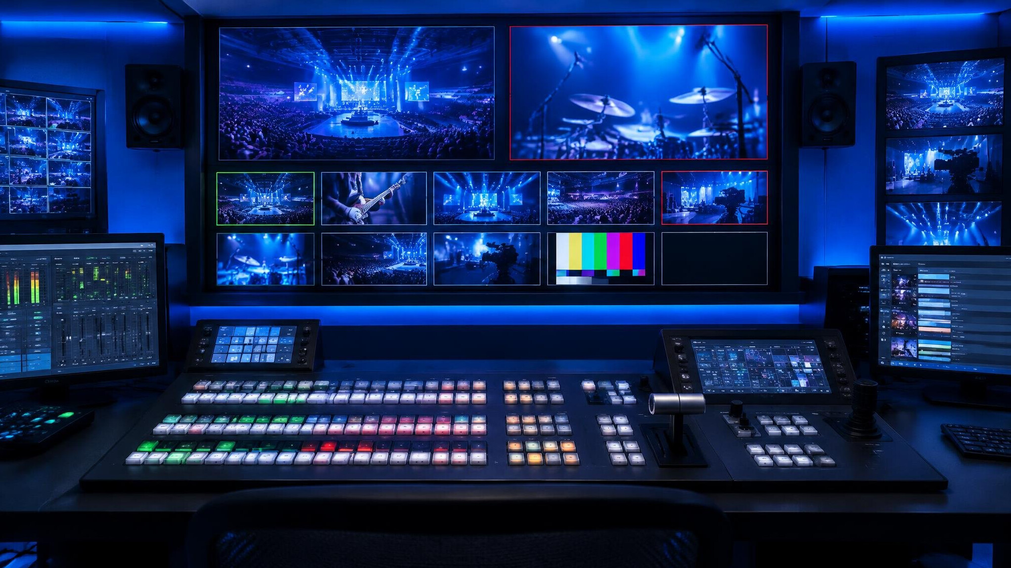 Broadcast control room with vision switcher and monitor wall