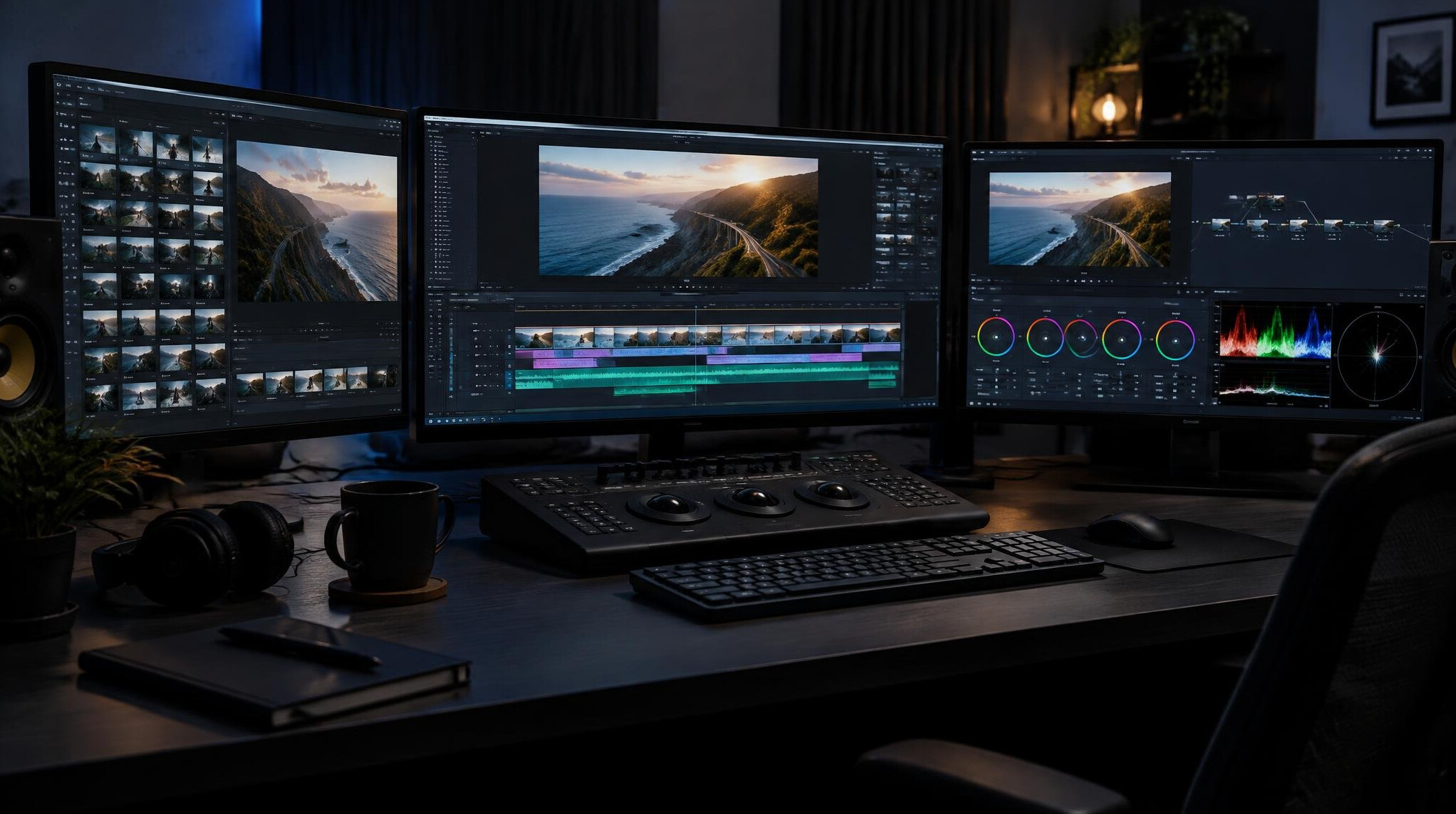 Video editing suite with multiple monitors showing timeline software