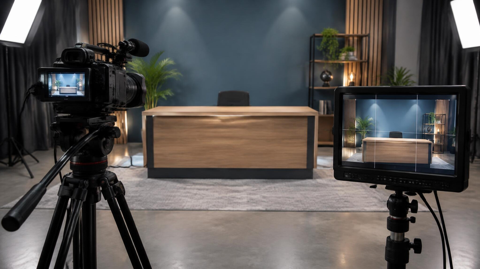 Video camera on tripod with monitor showing framed shot