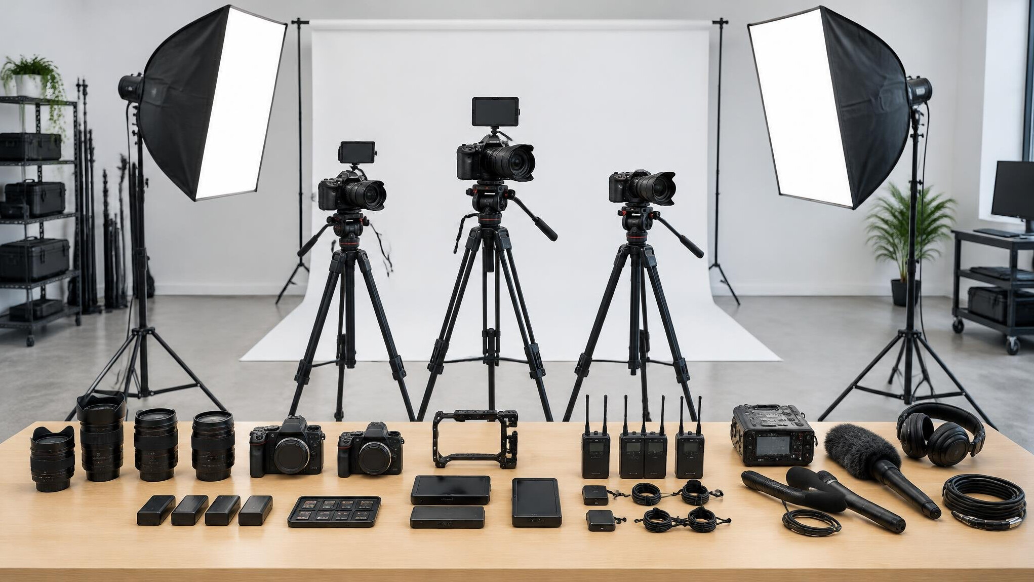 Camera equipment and lighting rig ready for a training session