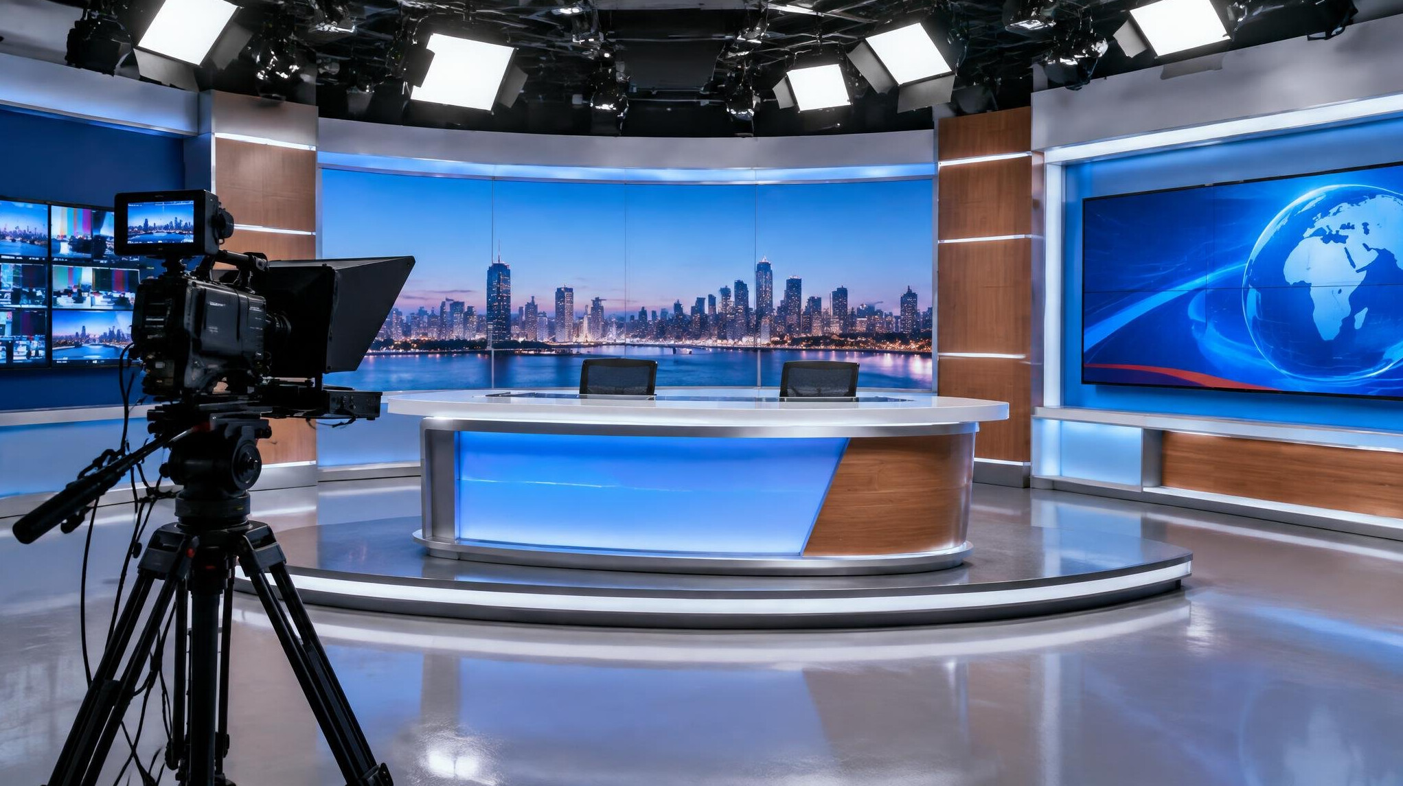Television studio set with camera, lighting rig and news desk